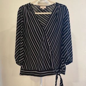 Loft black and white striped, Faux Wrap Top, 3/4 Sleeve - Size Large